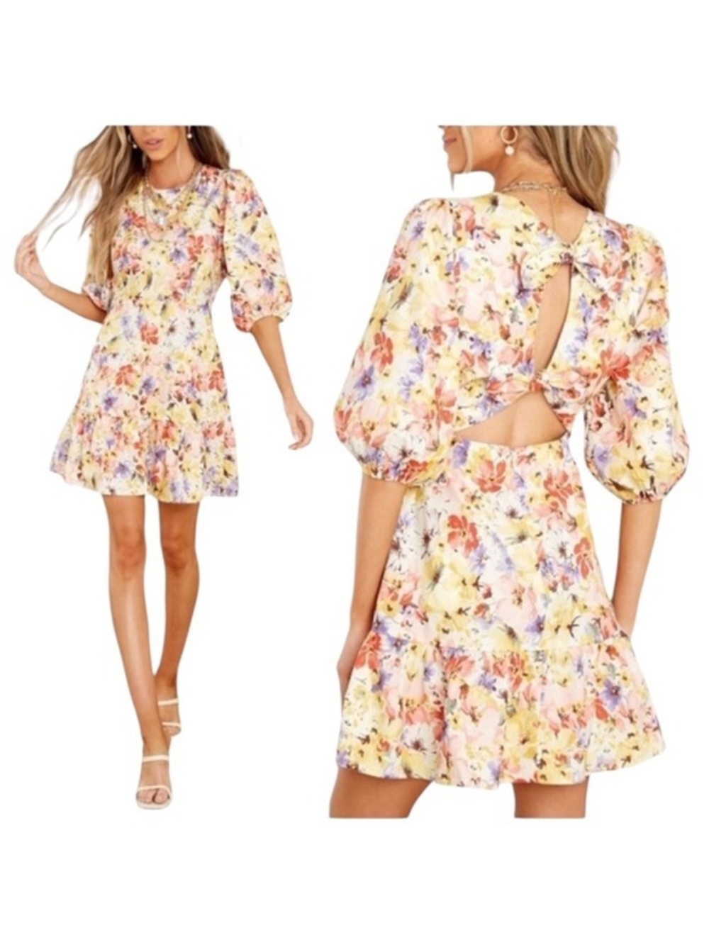 Lush Floral Puff Sleeve Open Back Tie Detail Mini Dress